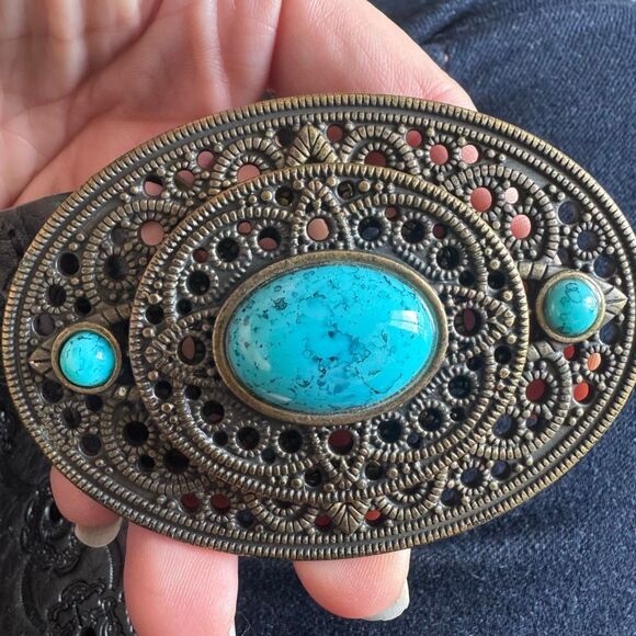 Vintage Y2K Fossil Western Tooled Belt With Turquoise Center Boho Size L - Picture 10 of 12